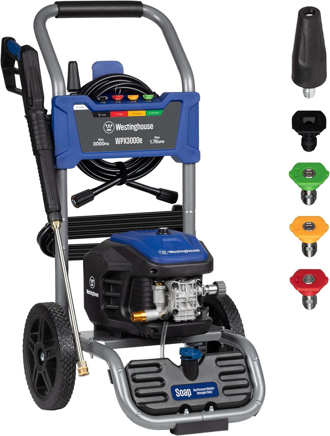 Westinghouse WPX3000e Electric Pressure Washer, 3000 Max PSI and 1.76 Max GPM, Induction Motor, Onboard Soap Tank