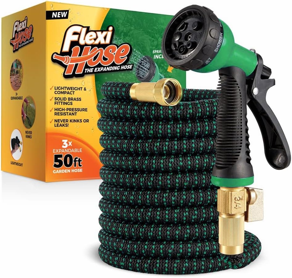 Flexi Hose with 8 Function Nozzle, 50FT Lightweight Expandable Garden Hose, No-Kink Flexibility, 3/4 Inch Solid Brass Fittings and Double Latex Core