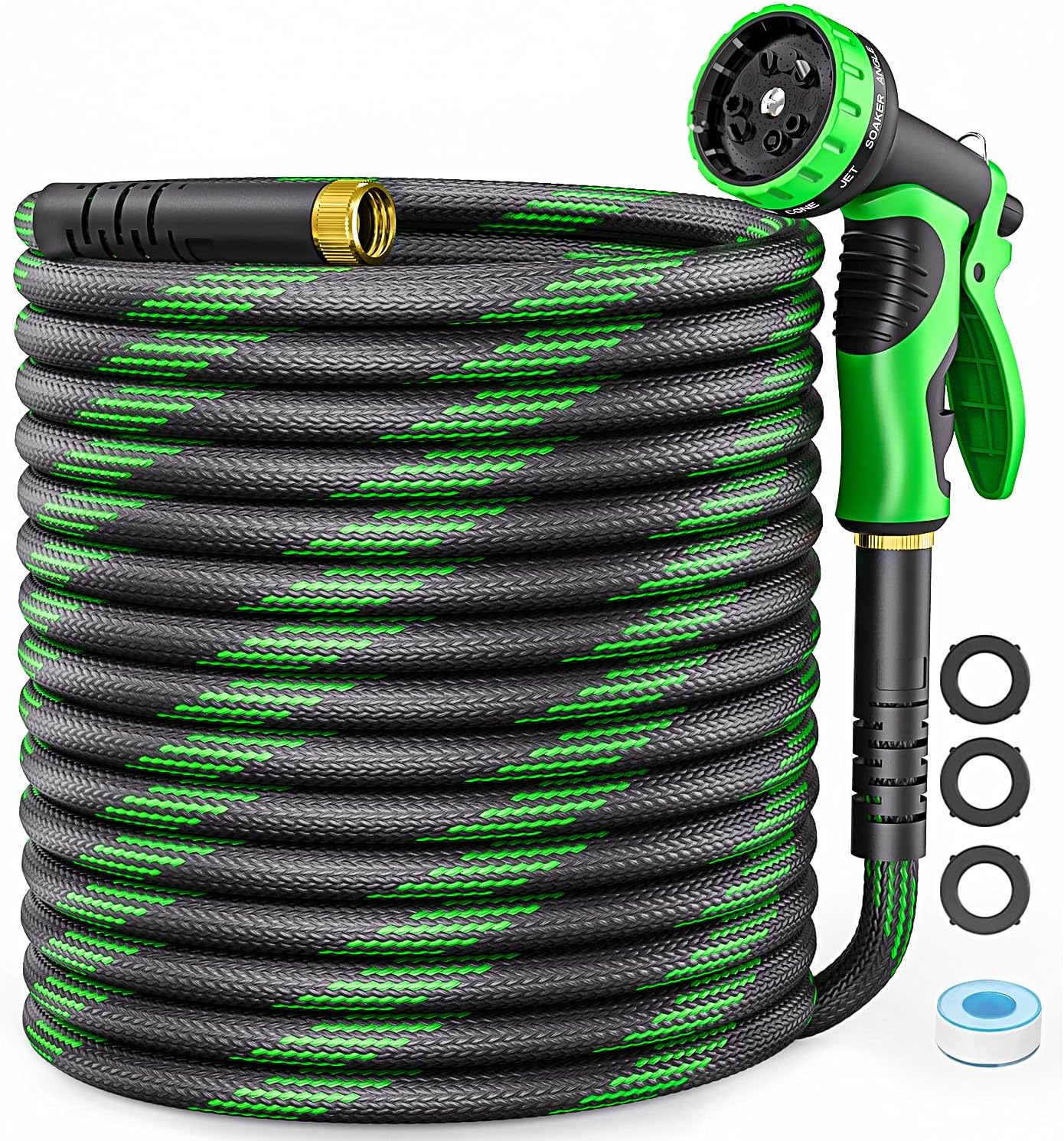 Non-Expandable Garden Hose 50 FT, Heavy-Duty and Flexible Water Hose with 10-Function Nozzle, Kink-Free and Leak-Proof Design, Ultra Lightweight Portable Yard Hose for Lawn, Car, Outdoor Use