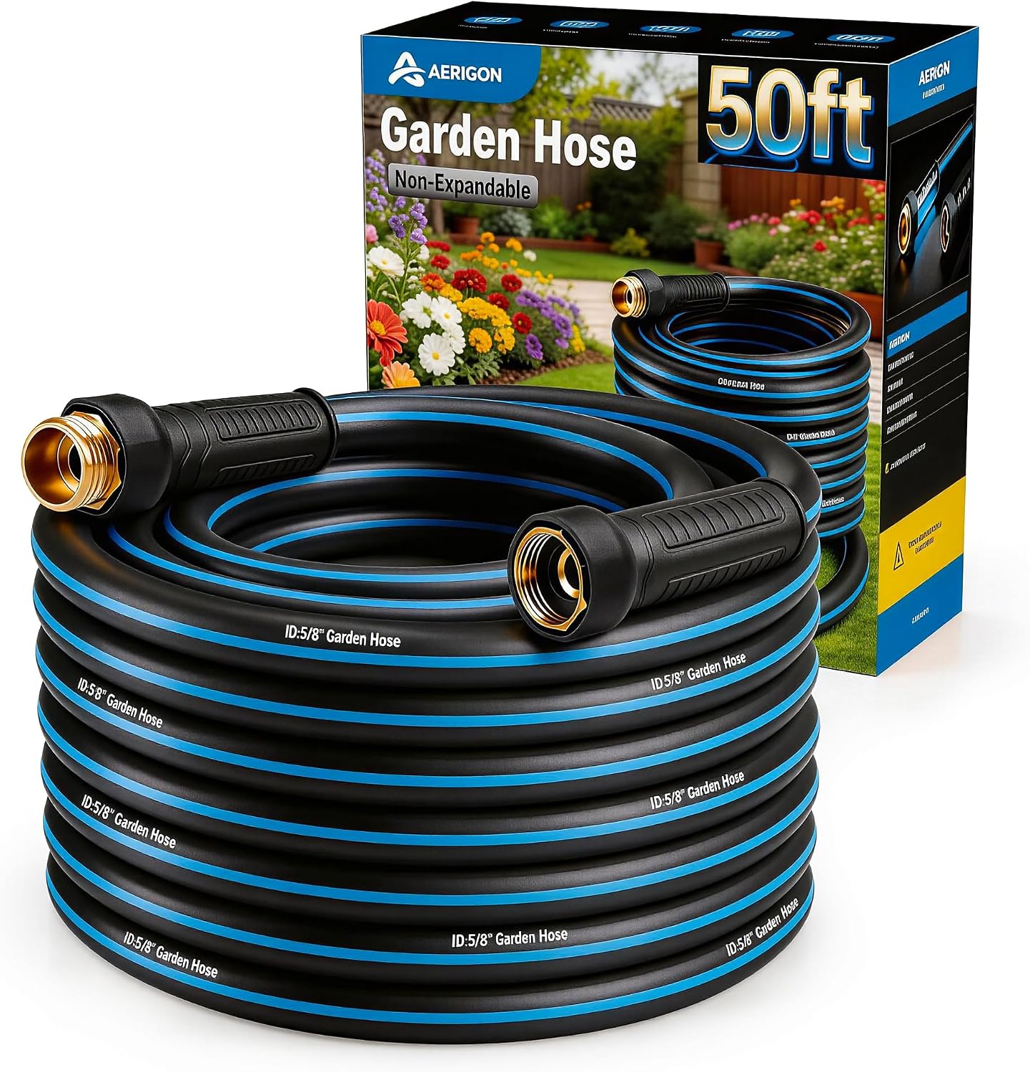 Garden Hose 50FT Non-expandable Heavy Duty, Kink-free Flexible Water Hose, Leak-proof Hybrid Pipe with Brass Fittings for Garden, Car Washing and Household Cleaning