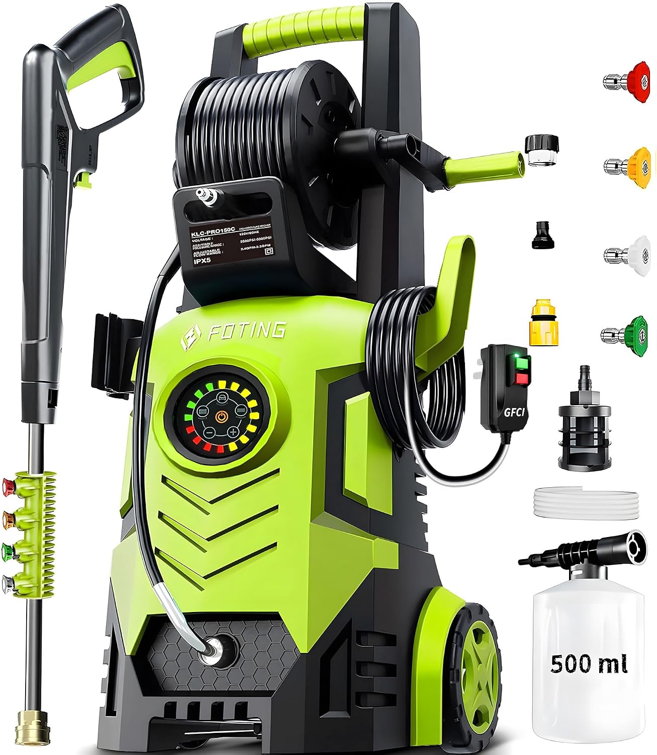 5000Max Pressure Power Washer with Adjustable Touch Screen 8 Level, 35ft Power Cord with GFCI, 4 Quick Connect Nozzles, Inlet Hose, Filter and Foam Cannon